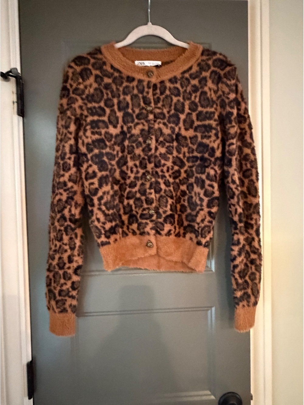 Zara Women's Leopard Print Fuzzy Cardigan with Gold Buttons